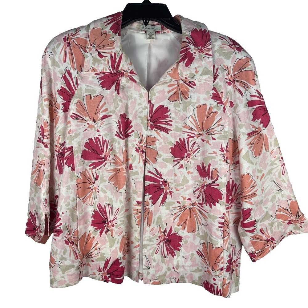 Vtg‎ Kim Rogers Women's Floral Linen Jacket Size Petite Large 3/4  Sleeve - Picture 2 of 11